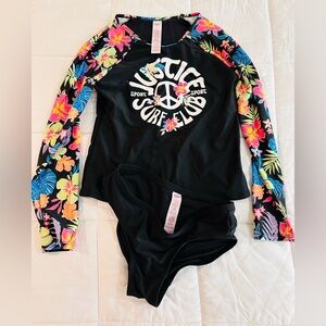 Justice Girls Large Black Floral Long-Sleeve Rash Guard Set